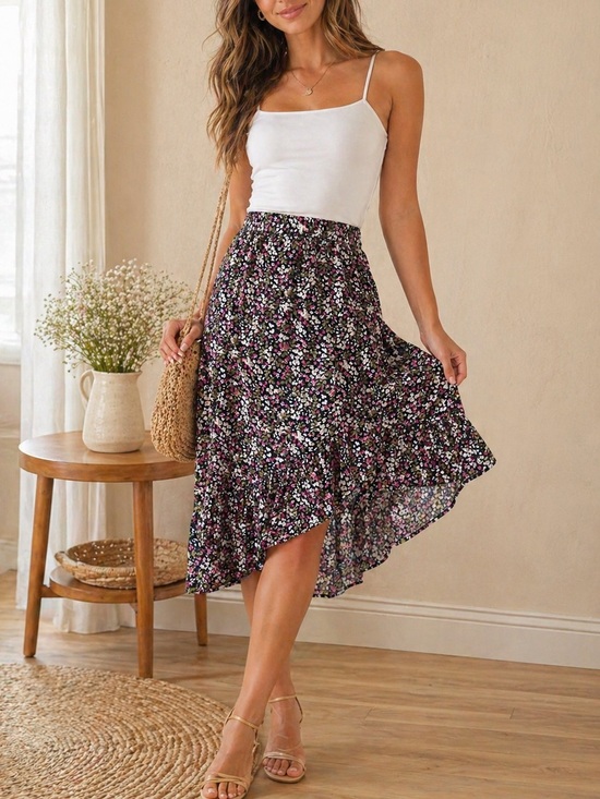 Ardene Dresses & Skirts - Ardene Floral Ruffle Skirt Size L Asymmetrical Boho Summer Preloved